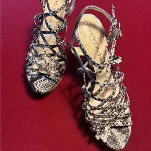 Marc Fisher snake skin strappy with cork look heels.